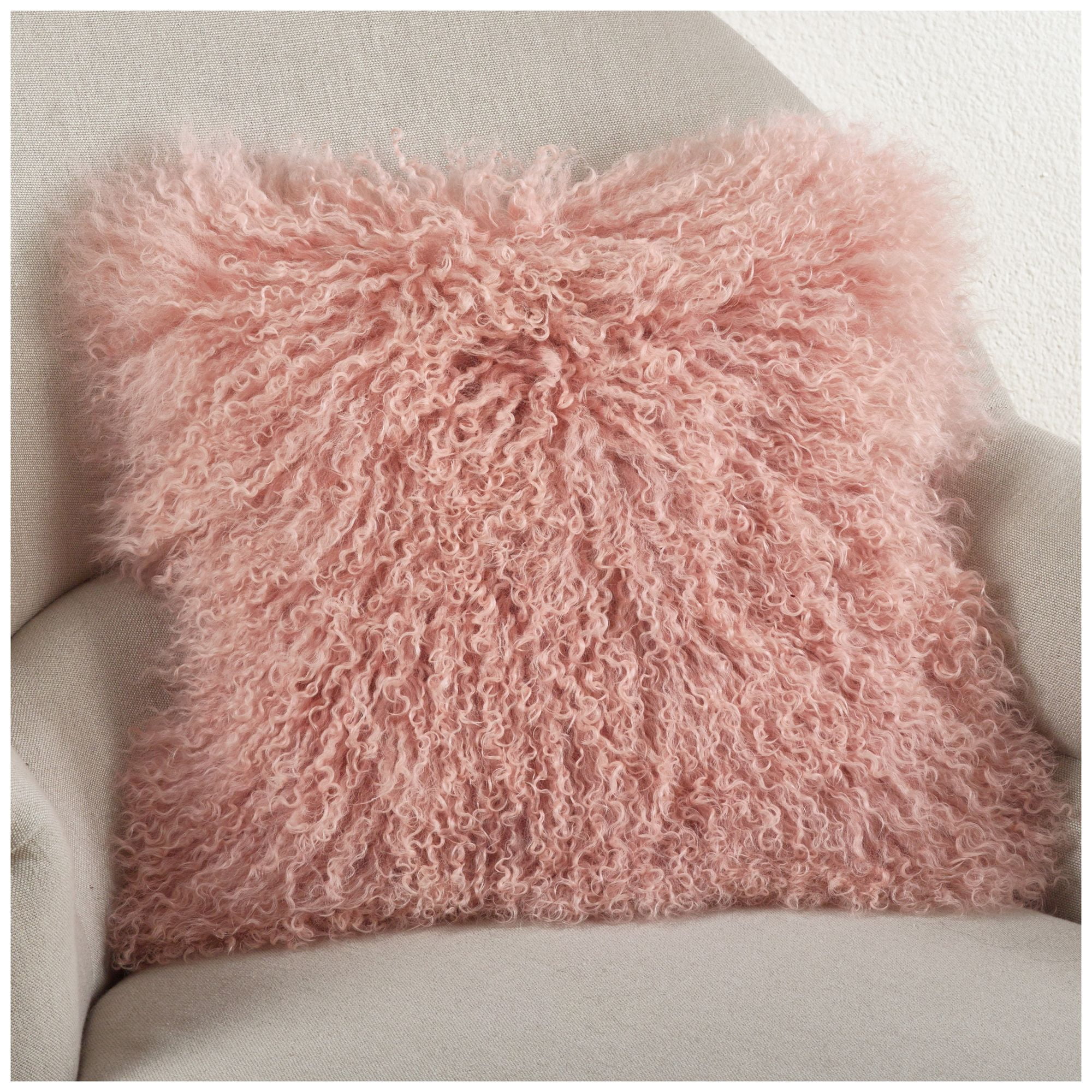 SARO 3564.RS16S 16 in. Square Wool Mongolian Lamb Fur Throw Pillow Rose