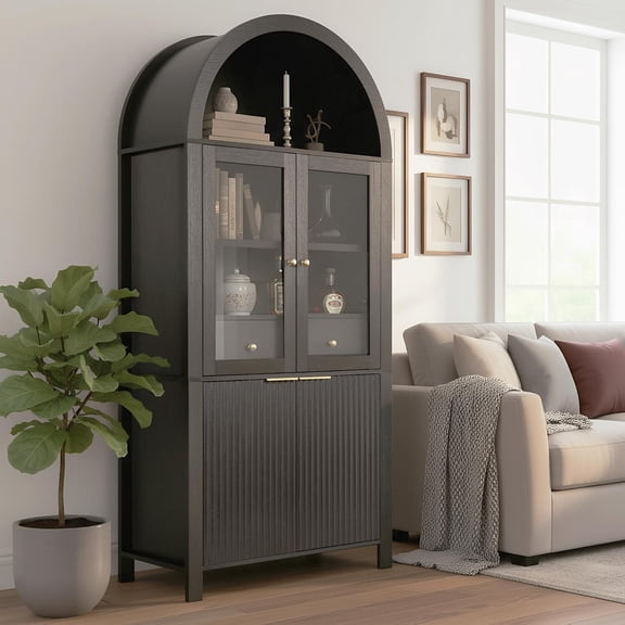 LQLI 71" Tall Arched Kitchen Pantry Cabinet with Glass Door & Drawer, Fluted Floor Storage Cupboard Cabinet with Adjustable Shelves, Black Wood Curved Hutch Bookcase for Home Office Bar Corner