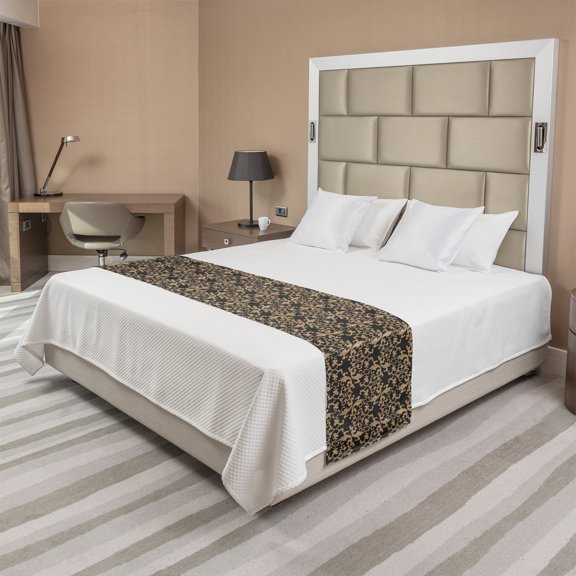 Antique Oriental Bed Runner, Continuous Eastern Spiral Damask Floral Inspired Illustration, Decorative Accent Bedding Scarf for Hotels Homes and Guestrooms, Queen, Tan and Dark Sepia, by Ambesonne