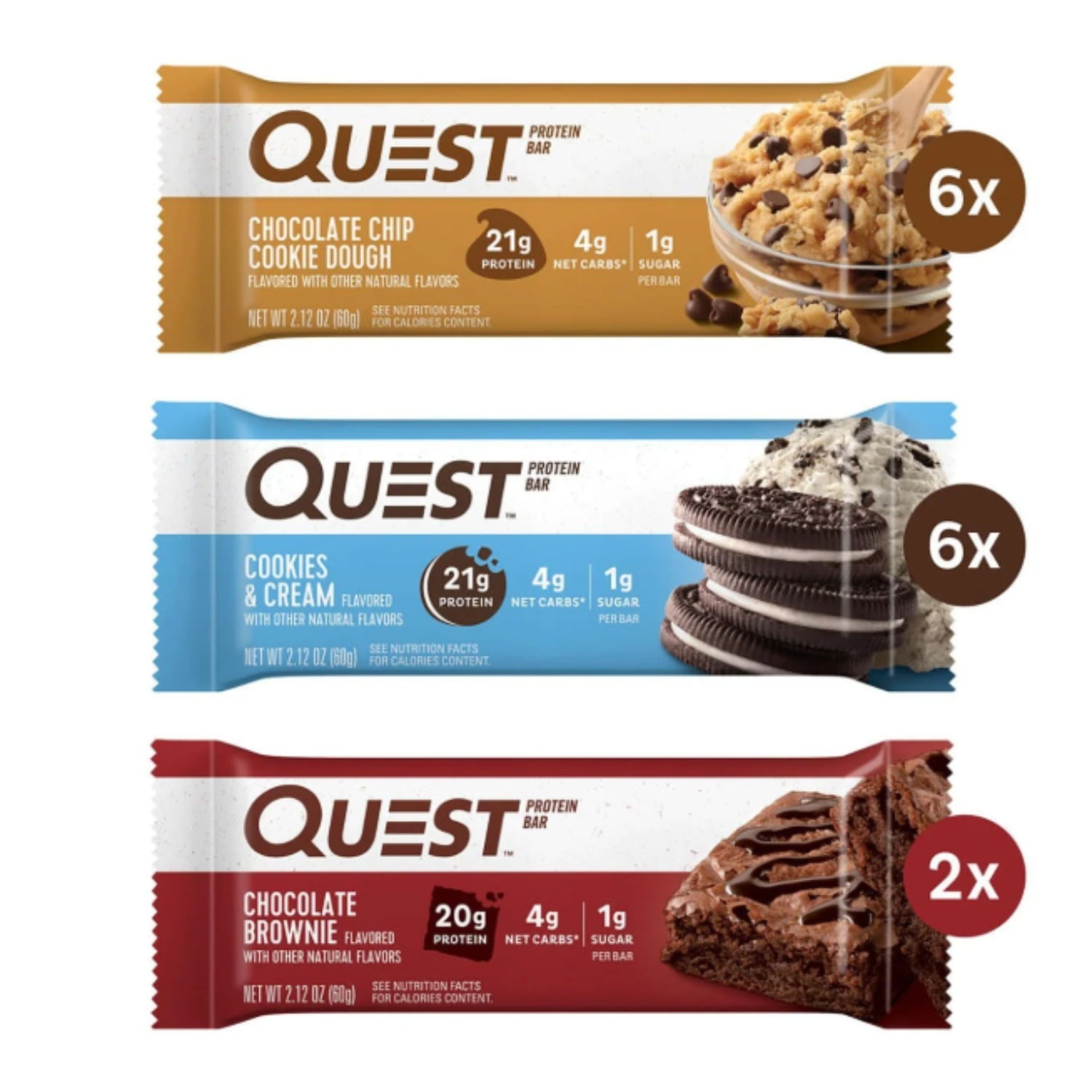 Quest Protein Bar Variety Pack (Chocolate Chip Cookie Dough, Cookies & Cream, Chocolate Brownie) - Gluten Free, 14 Ct. (2 Lbs. Total)