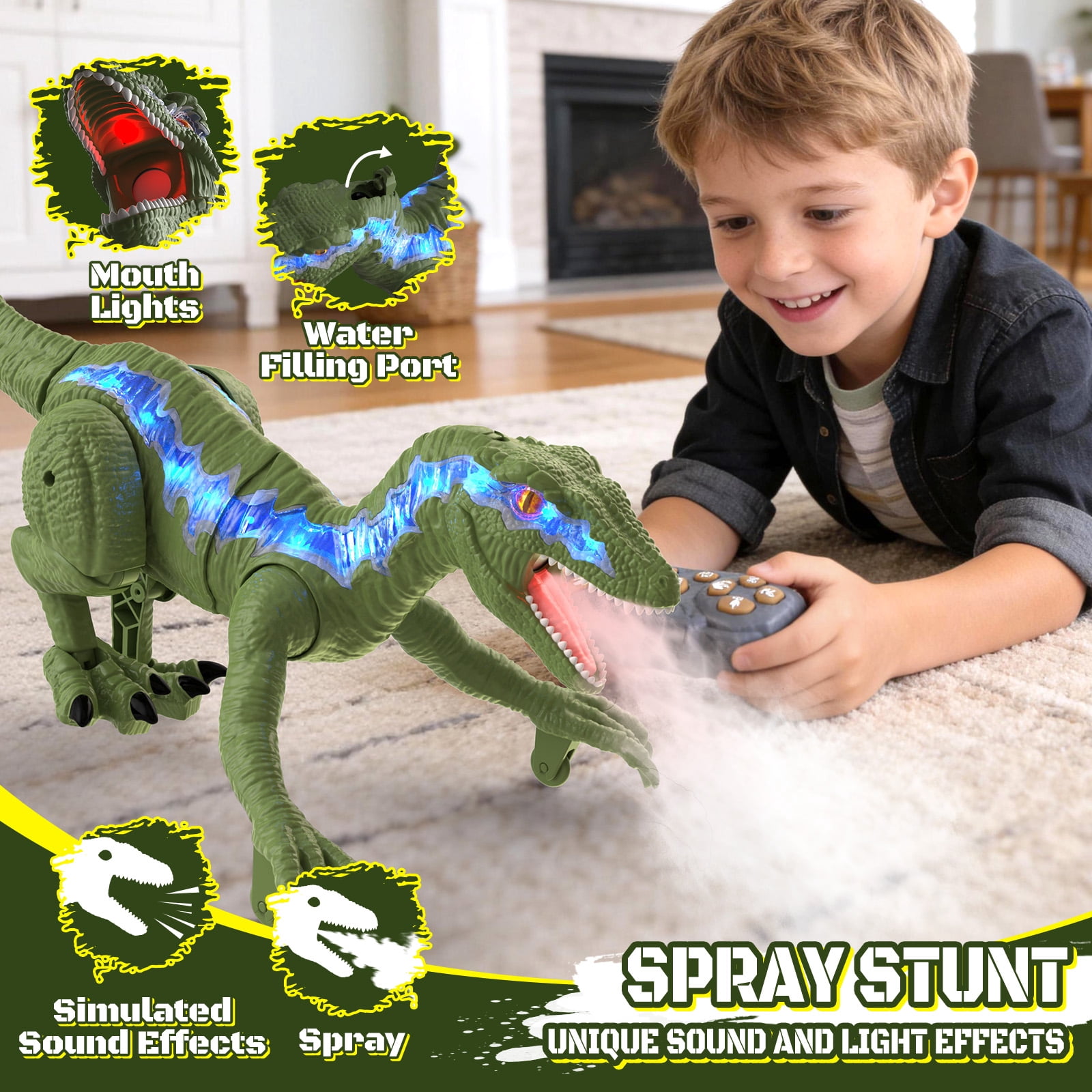 KIVDIT Remote Control Dinosaur Toys for Boys Kids, Electronic RC Robot Toy Walking Roaring Spray Dinosaur Gift for Birthday Christmas for Kids 3-8 Year