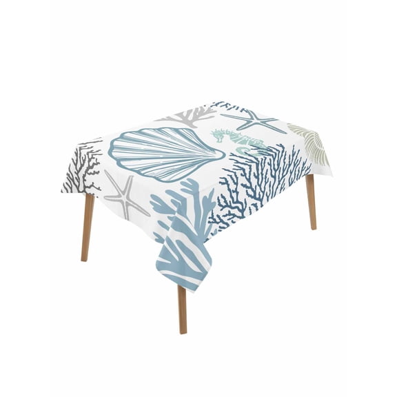 Blue Teal Coastal Table Cloth, Summer Beach Coral Shell Starfish Waterproof Tablecloth for Rectangle Tables, Reusable Washable Fabric Table Cover for Restaurant Kitchen Dining Tables 52"x70"