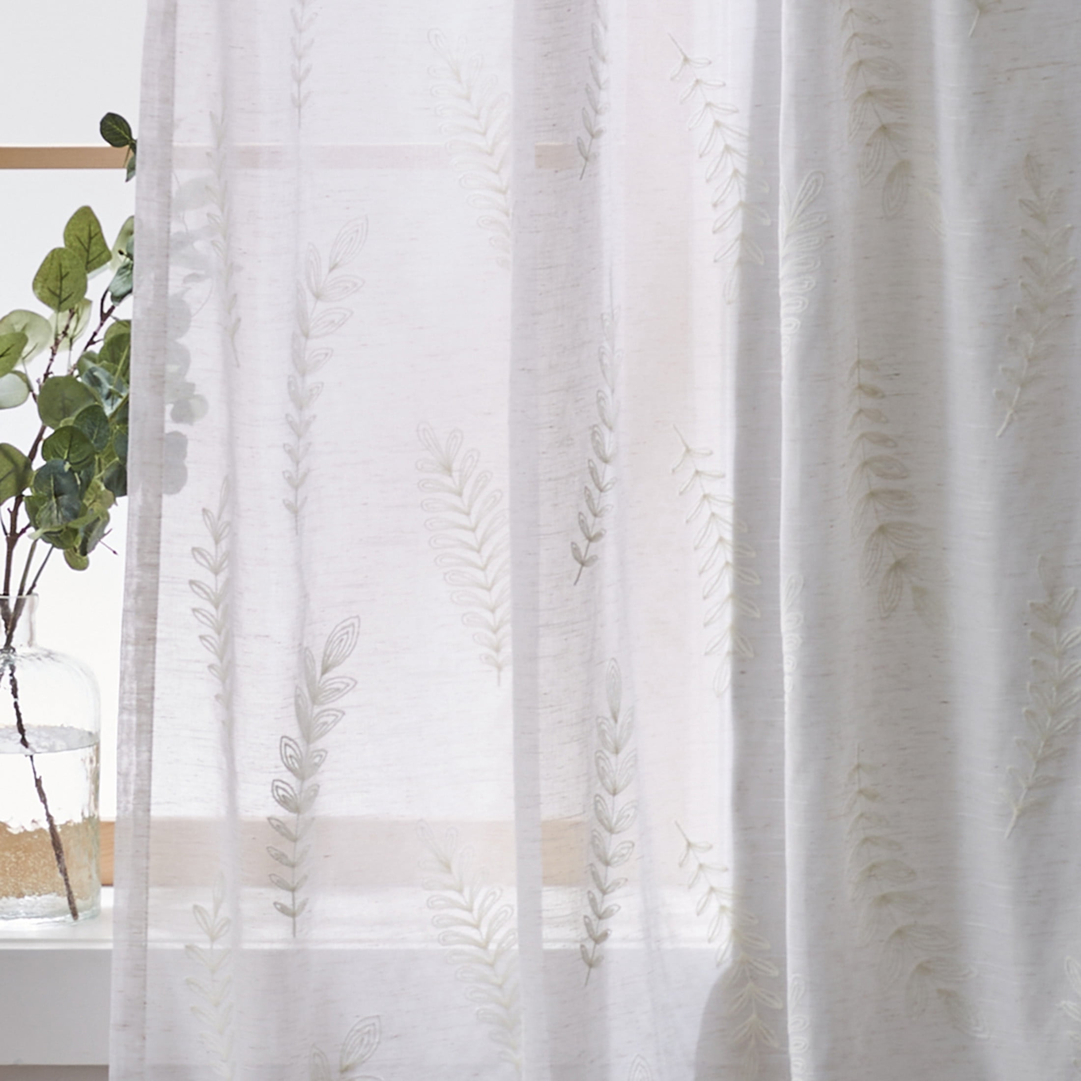 Better Homes & Gardens Embroidered Botanical Sheer Curtain, Single Panel, Vanilla Dream, 50" W x 84" L