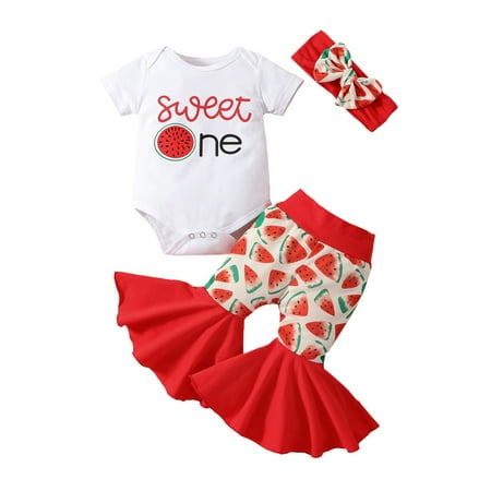 

TAIAOJING Baby Girl Clothes Toddler Girls Short Sleeves Kids Watermelons Prints Top Letters Prints Outfits Set Bell Bottom Pants Flared Girls Outfits Set 12-18 Months
