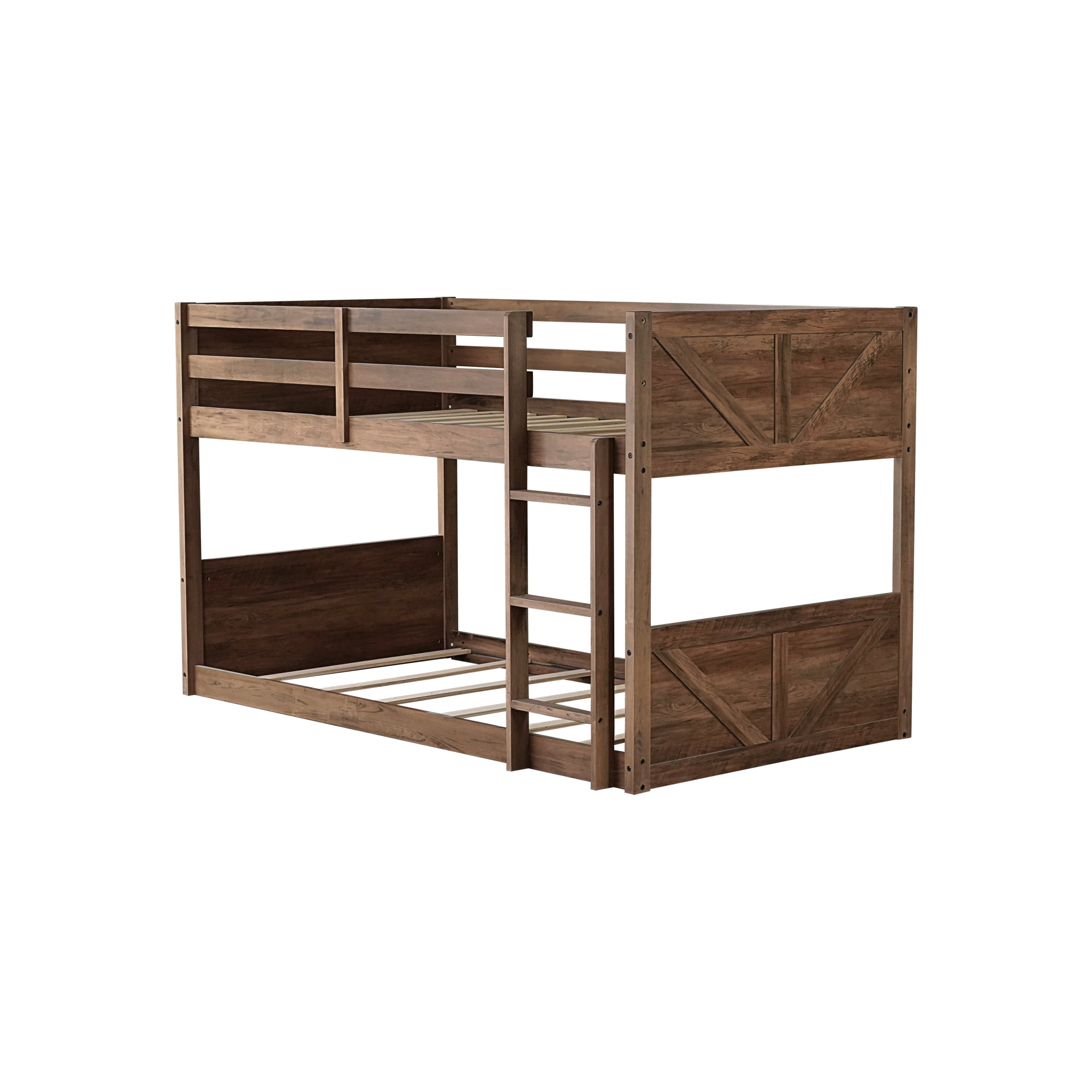 Leumius Twin over Twin Floor Bunk Bed with Panelled Headboard and Footboard, Solid Rubber Wood Foundation with Safety Guardrails and Ladder for Boys Girls Antique Oak