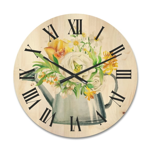 Designart 'Marigolds Roses and Peonies In Garden Watering Can' Farmhouse Wood Wall Clock