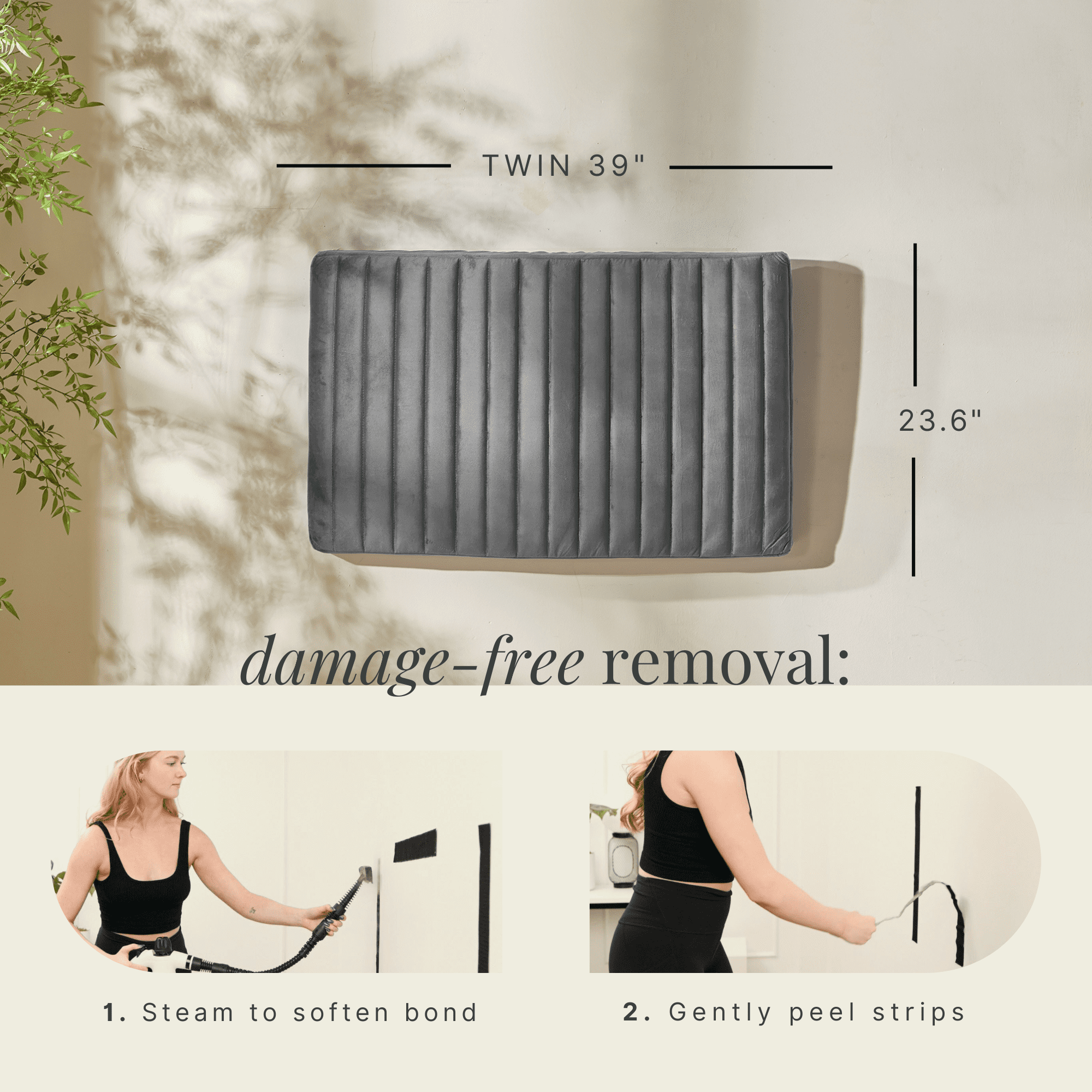 Virtu Twin Headboard No Tools Required Peel and Stick Upholstered Velvet Bed Headboard Only, Gray