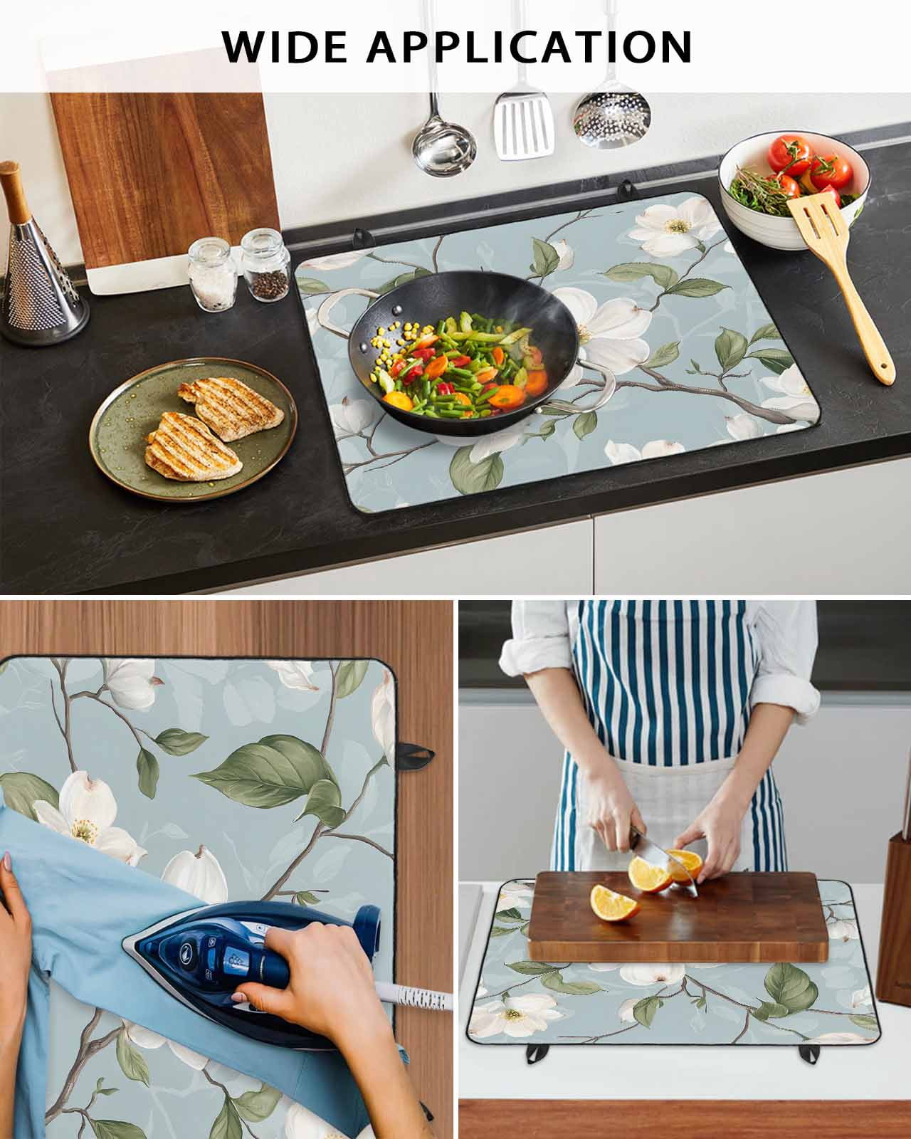 nqOlkjepod Large Induction Cooktop Protector Mat 36"x21", Elegant Floral Stove Top Covers for Electric Stove, Watercolor Blue Garden Floral Spring Stove Burner Cover Mats, Glass Top Stove Cover