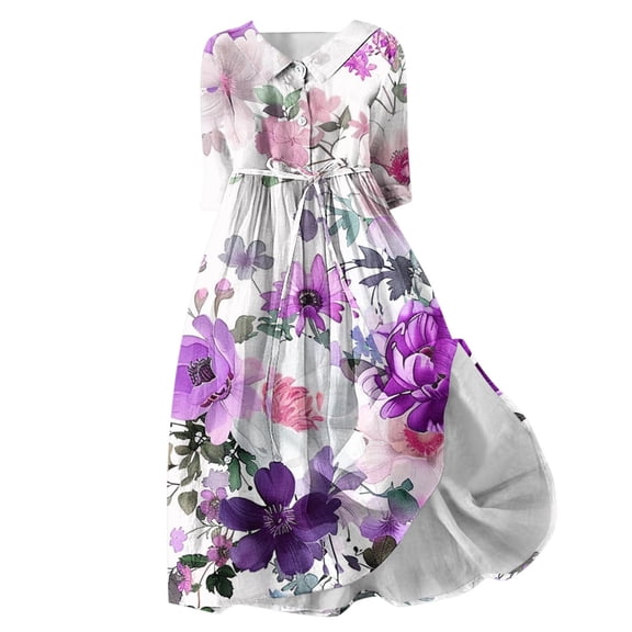 asdoklhq Womens Sweater Dress Women's Summer Printed Fashion Three-quarter Sleeve Turndown Collar Dress Purple L