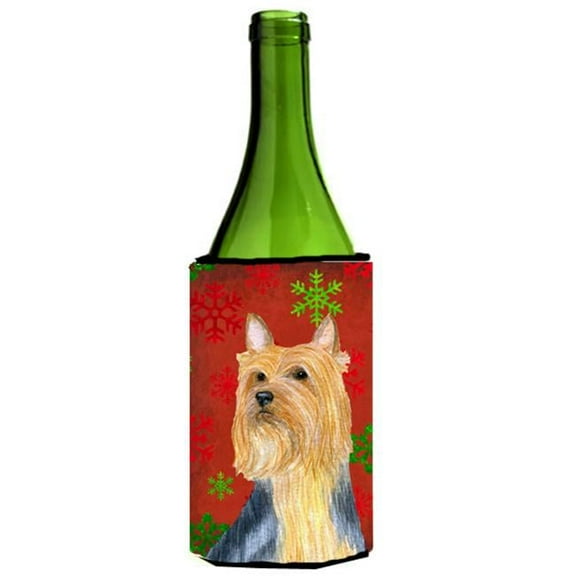 Silky Terrier Red Green Snowflake Holiday Christmas Wine bottle sleeve Hugger