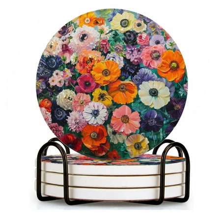 

Drink Coasters Set of 4 with Holder oil painting of garden full of colorful flowers including anemones and peonie Water Absorbent Ceramic Coasters Tabletop Protection Suitable for Various Cup