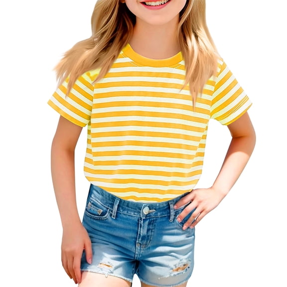 CCRFTGI Cute Shirts for Children Girls 10-12 Short Sleeve Yellow Striped Summer Soft Tunic Blouses Trendy Lightweight Teen Girl Clothes Tops Yellow 9-10 Years