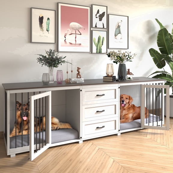 Mowpex Farmhouse Wooden Dog Crate Furniture with 3 Drawers and Double Locking Doors, 95 x 23 x 32 inches, White