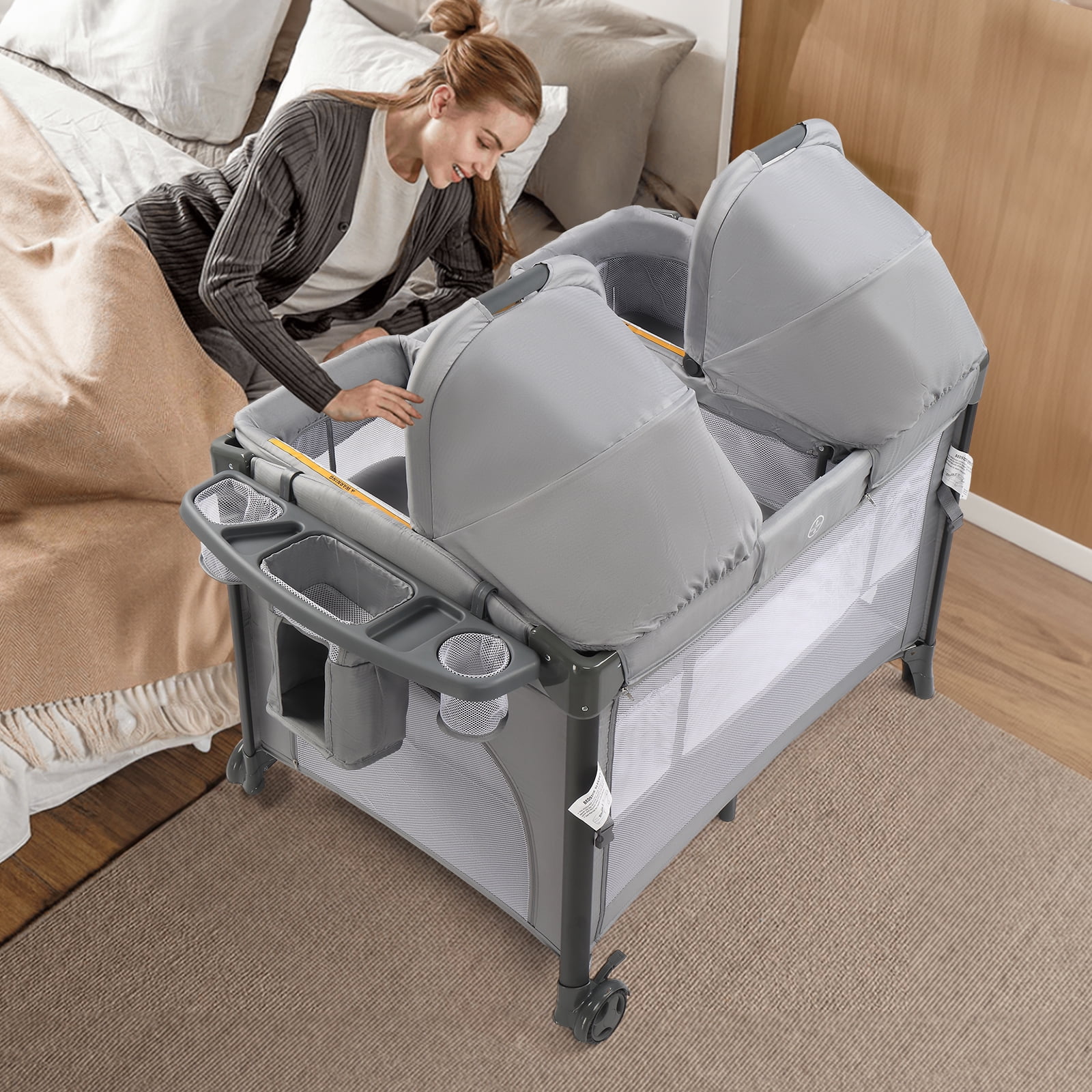 JOYMOR Twin Bassinet for Baby with Storage, Convertible to Crib Playpen, Unisex Infant Side Sleeper