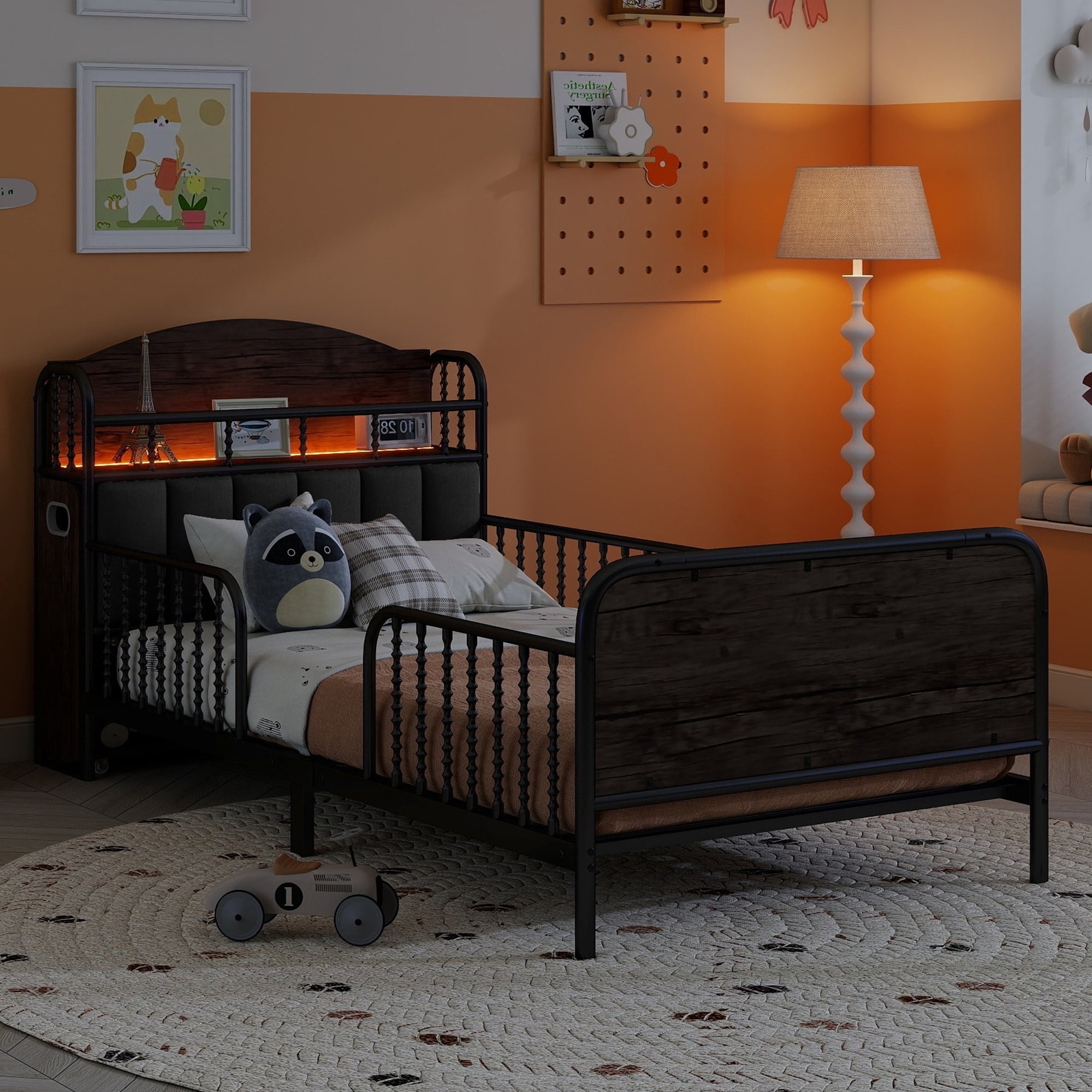 Euroco Metal Twin Size Platform Bed with Upholstered Headboard, Pull out Storage Shelves and LED Light, Black