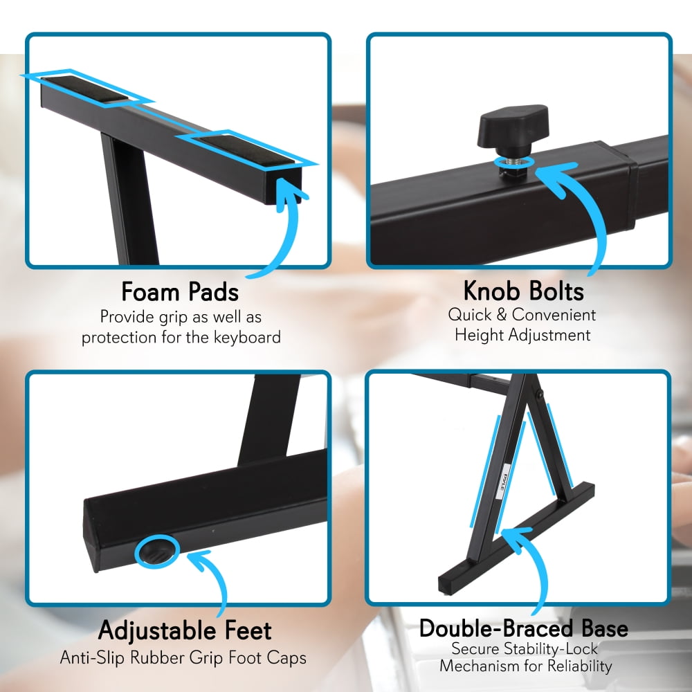 PYLE PKST38 - Heavy Duty Folding Keyboard Stand - Sturdy Reinforced Z Design w/ Adjustable Width & Height, Foam Padded Arms, Digital Piano Stand, Fits 54-88 Key Electric Pianos, for Travel & Storage