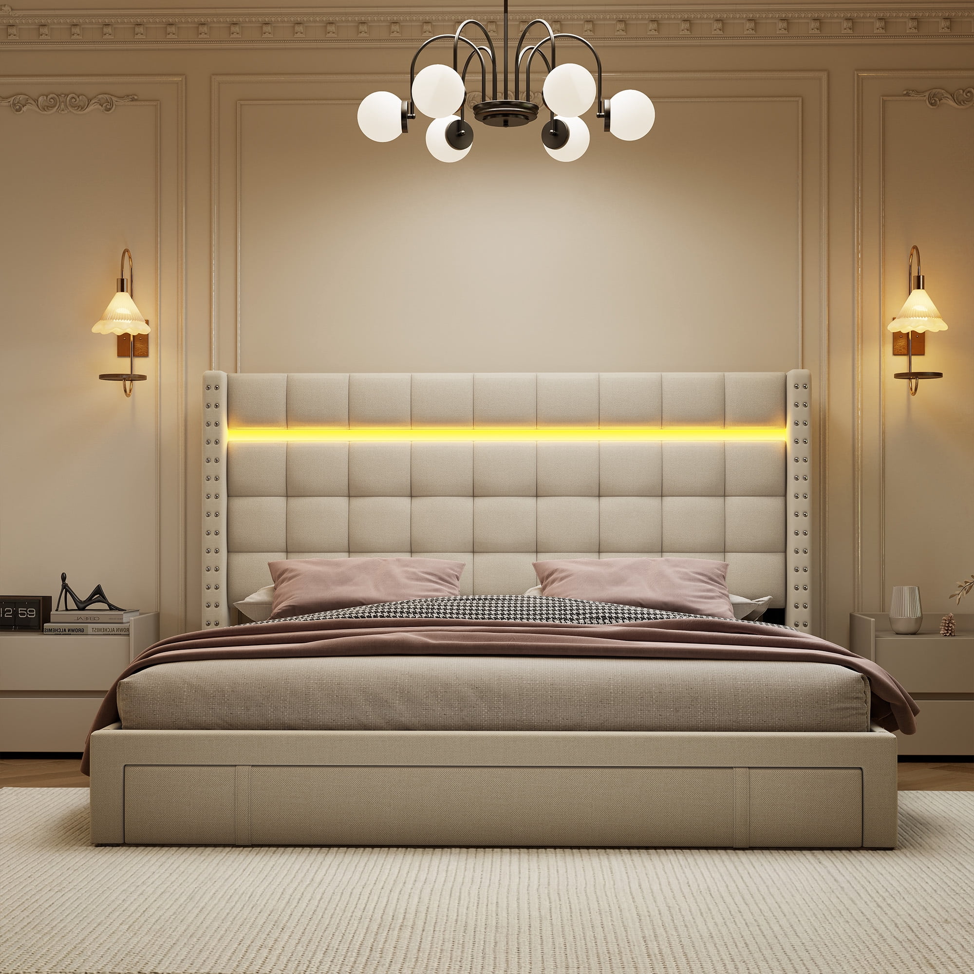 Queen Size Bed Frame with LED Light Upholstered Bed Frame with 3 Storage Drawers Bed Frame with Adjustable Headboard,Beige