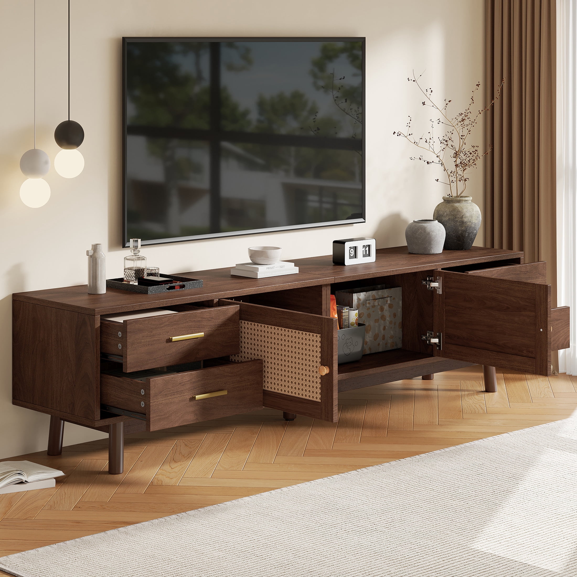 Noble House Modern TV Stand for TVs up to 80" with Rattan Doors, 4 Drawers, Dark Brown