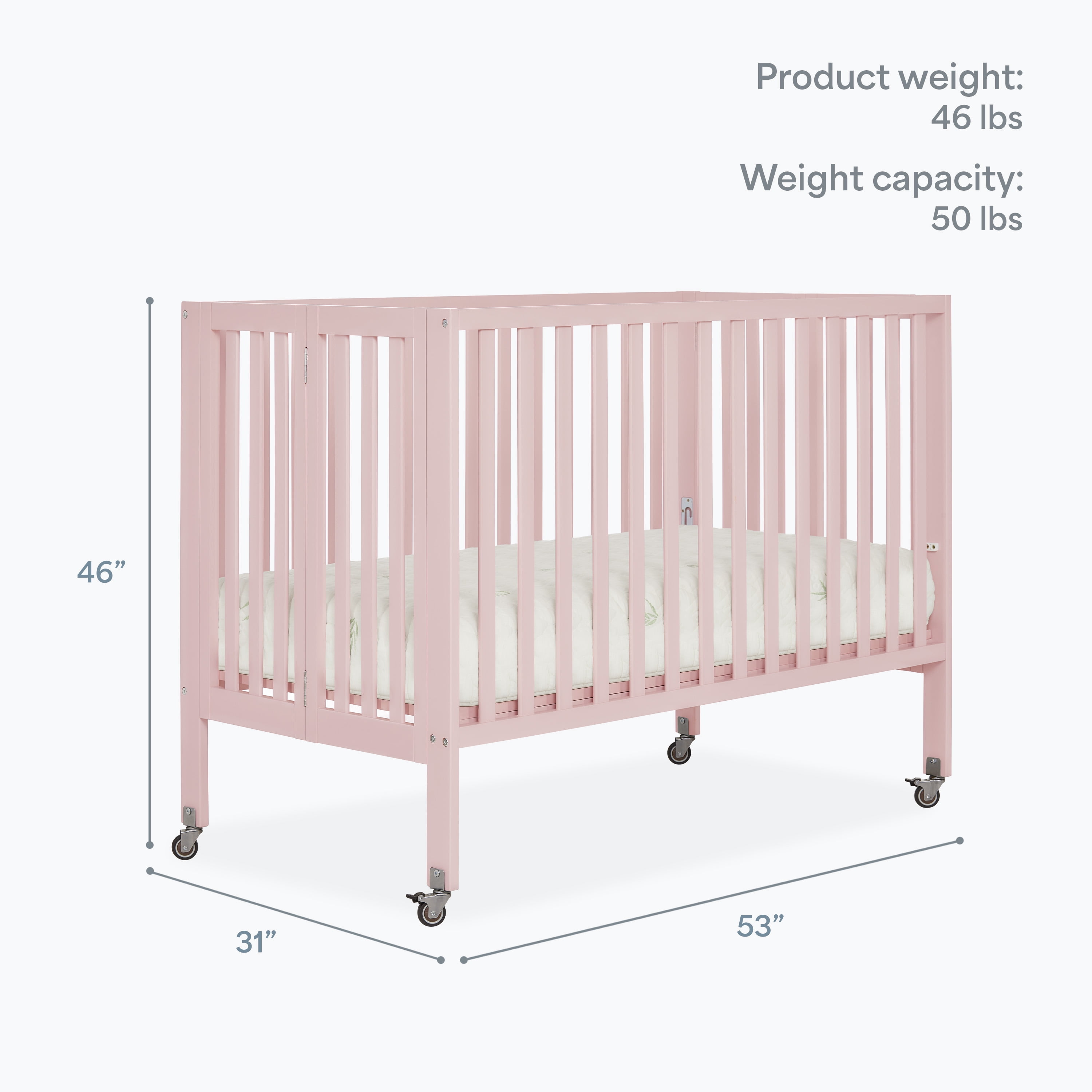 Dream On Me Quinn Full-Size Folding Crib, Patent Folding System in Blush Pink