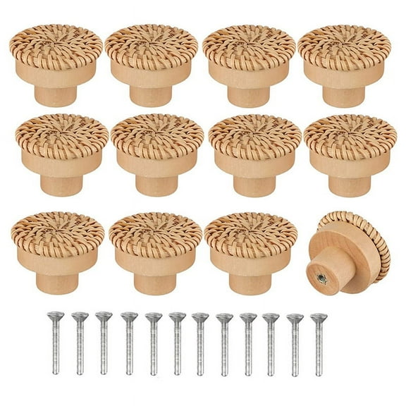 Boho Rattan Dresser Knobs Round Wooden Drawer Knobs Handmade Wicker Woven and Screws for Boho Furniture Knobs 12Pcs