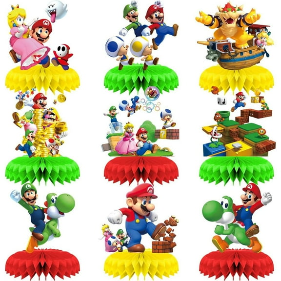 Mario Birthday Party Table Decorations - 9 Pcs Birthday Centerpieces for Tables Rainbow Honeycomb Centerpieces Table Toppers for Girls Boys Mario Theme Party Supplies, Photo Booth Props
