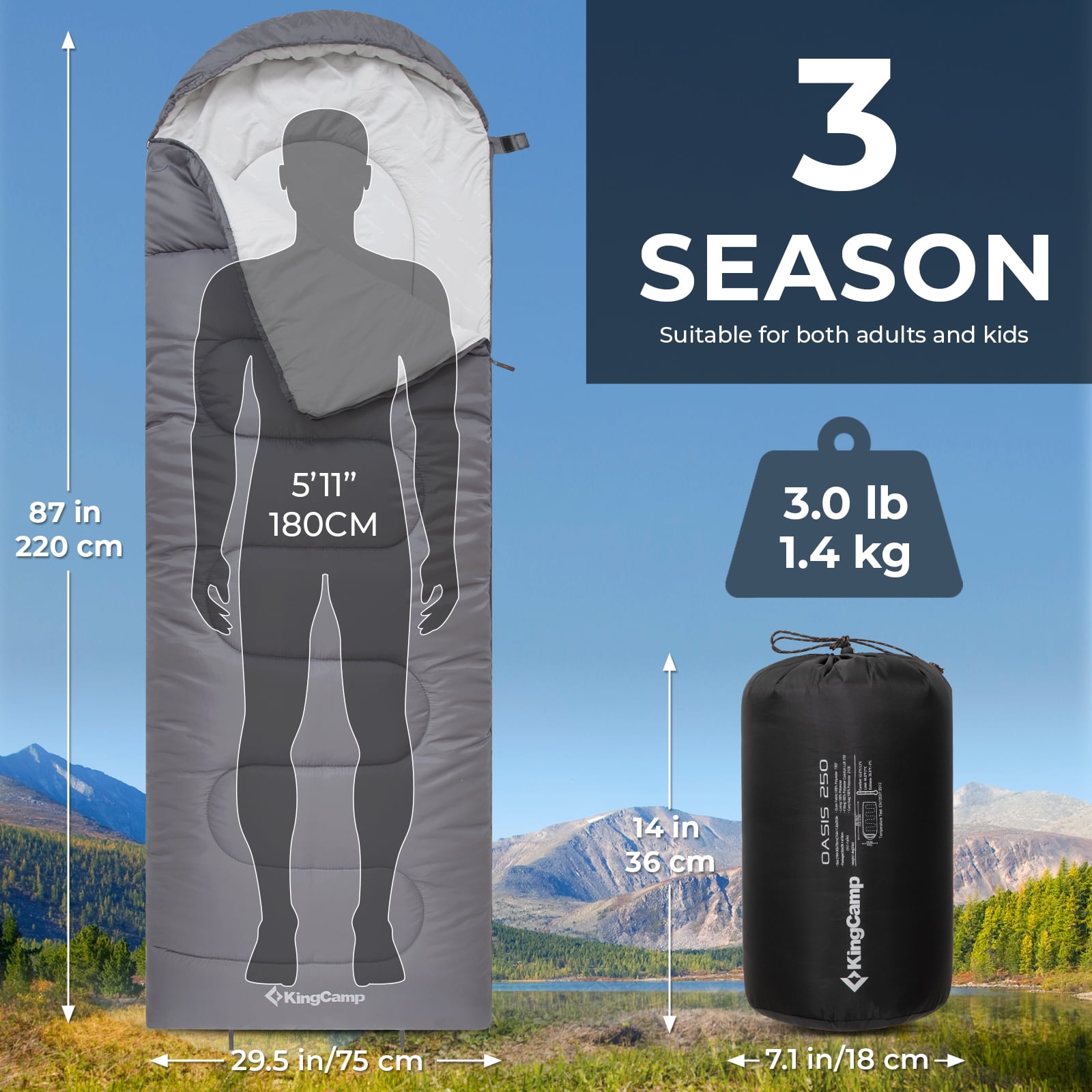 KingCamp 3-Season Camping Sleeping Bags, Portable Single Sleeping Bag for Adults, Lightweight & Waterproof Hooded Sleep Bag, 27°F-54°F, Right Zip
