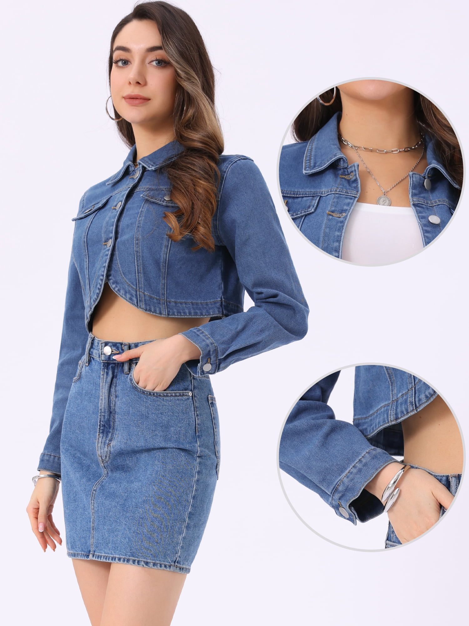 DARING DIVA Women's Denim Jacket Collared Long Sleeve Crop Jean Jackets M Blue