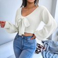 thumbnail image 4 of Suéter de Punto Acanalado con Lazo y Larga para Mujer, Top Corto con Cuello en V para Otoño e Invierno. M, 4 of 10