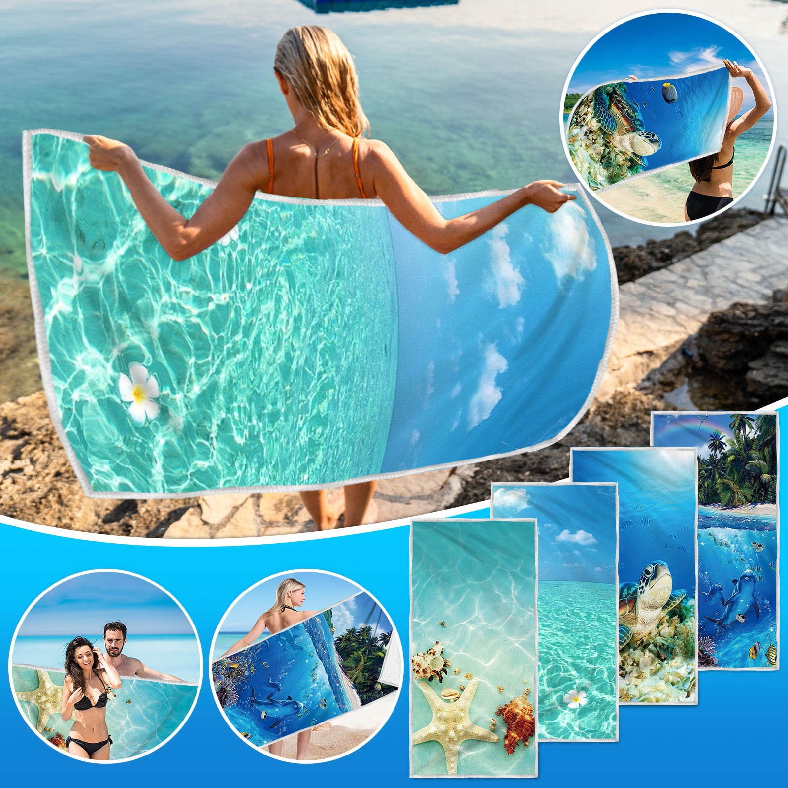 Microfiber Oversized Lightweight Beach Towel, 30" x 60" Extra Large Thin Sand Free Towels, Travel Swim Pool Yoga Gym Camping, for Adults Women Men Beach Accessories Vacation Gift