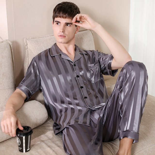 REDHOTYPE Solid Striped Men Pajama Sets Spring Summer Ultra-thin Ice Silk Men's Pajamas Set Soft Comfortable Pijamas Pyjama Homme