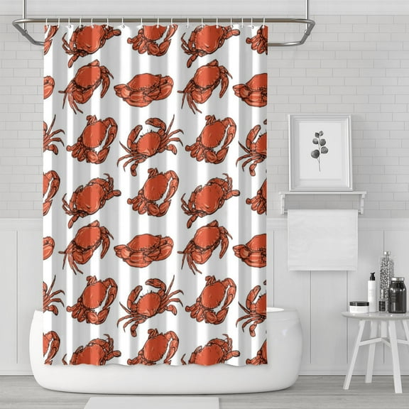Waterproof Cartoon Crab Bathroom Curtain 72x72 Inch, Sea Animal Ocean Theme Shower Curtain with Hooks, Cute Red Beach Decor