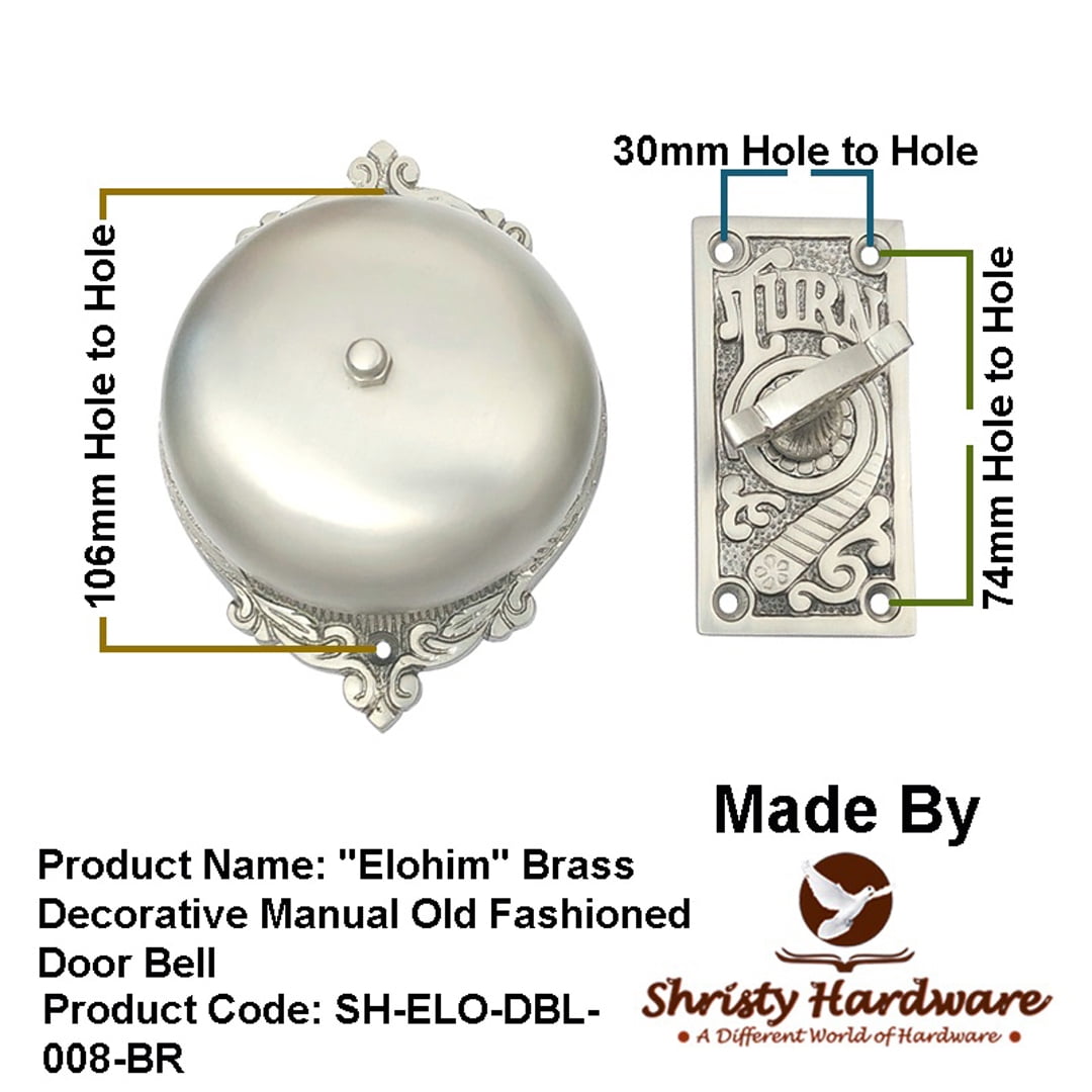 Shristy Hardware "Elohim" Brass Manual Old Fashioned Door Bell – Vintage Twist Bell with Key Plate – Mechanical Doorbell for Home – (Pack of 1 Satin Nickel Finish)