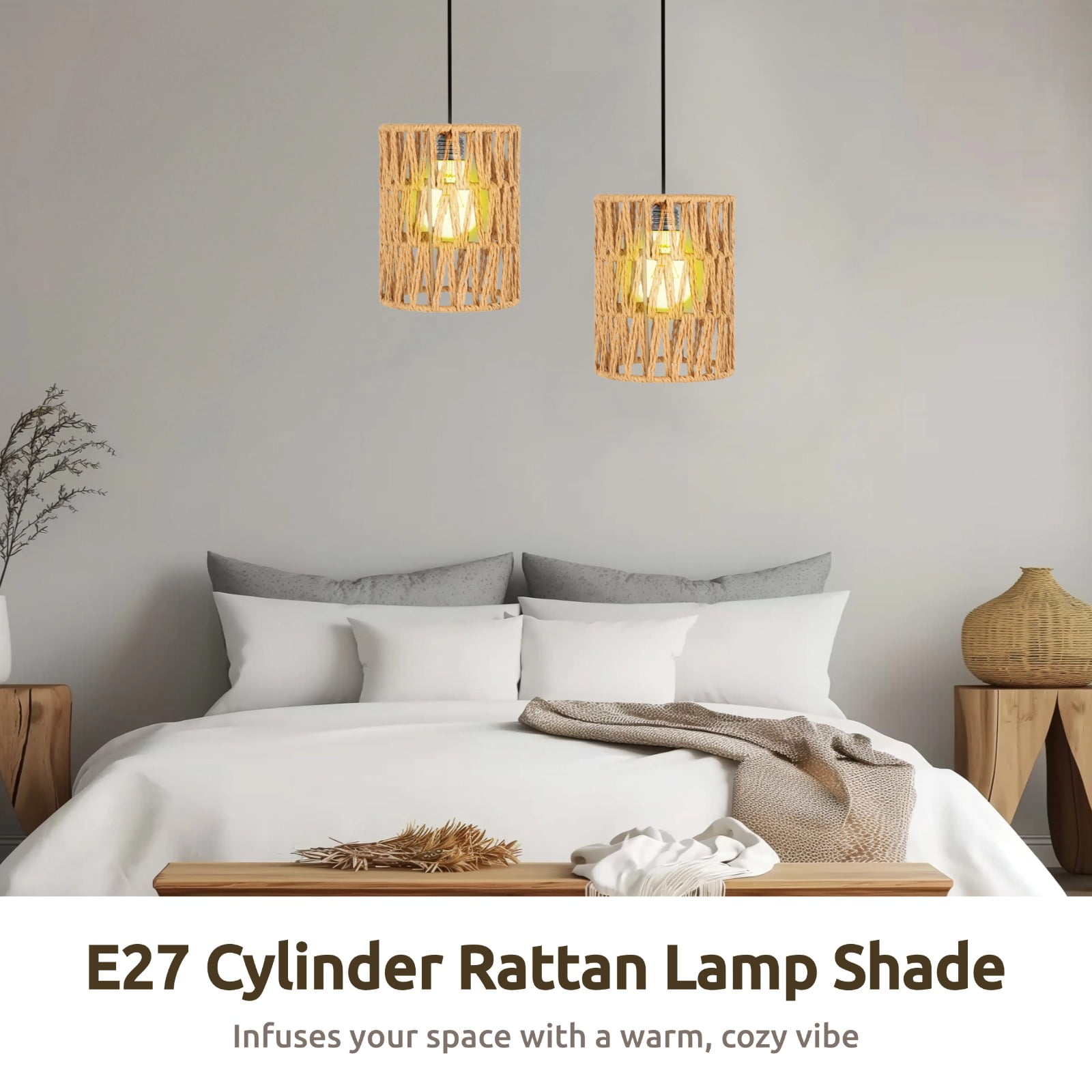 3 Pack E27 Rattan Lampshades – Handwoven Cylinder Lamp Shade, Bohemian Paper Rope & Metal Frame, Natural Wicker Replacement for Table Pendant & Wall Lights, 4.7" x 5.9"