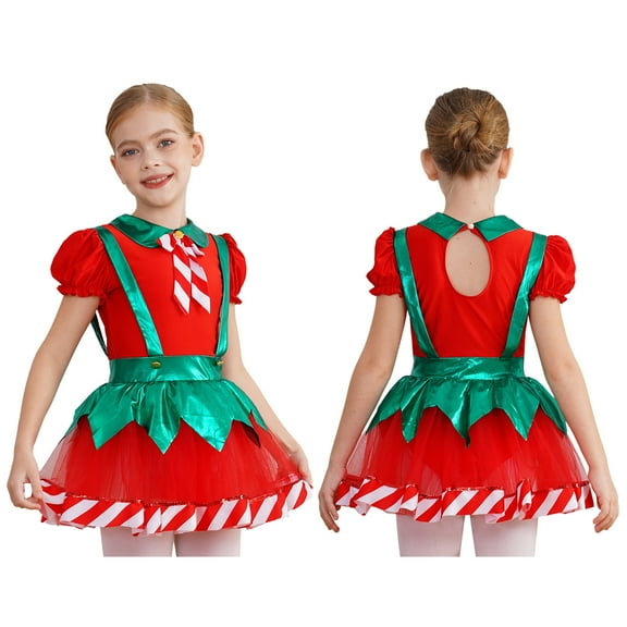 YiZYiF Kids Girls Christmas Elf Costume Puff Sleeve Ballet Dance Tutu Dress Figure Skating Leotard Red 10