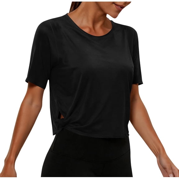Htigea Cropped T Shirt for Women Casual Breathable Yoga Gym Tee Lightweight Running Athletic Workout Tops Black S