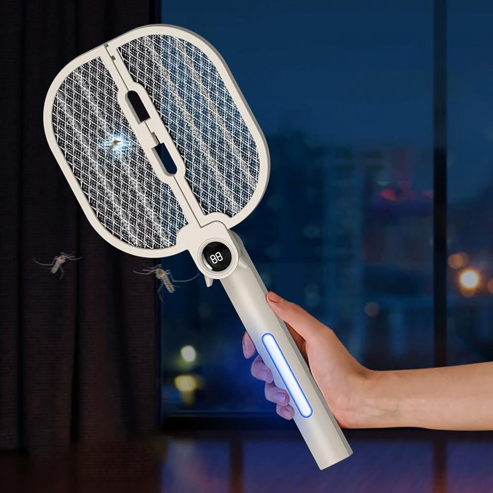 Folding Electric Mosquito Racket 2-in-1 Handheld Bug Zapper & Mosquito Attraction Beads, Lamp, Rechargeable, 8 LED