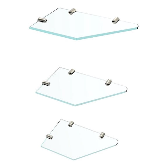 Pemberly Row Tempered Glass Corner Shower Shelves 3-Pack in Satin Nickel Finish
