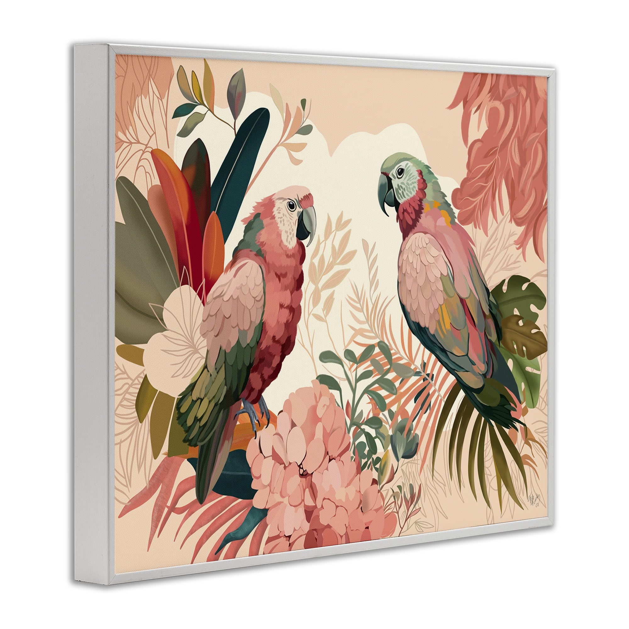 Stupell Industries Pink Parrots & Leaves Animals & Insects Painting White Framed Art Print Wall Art, 30 x 24