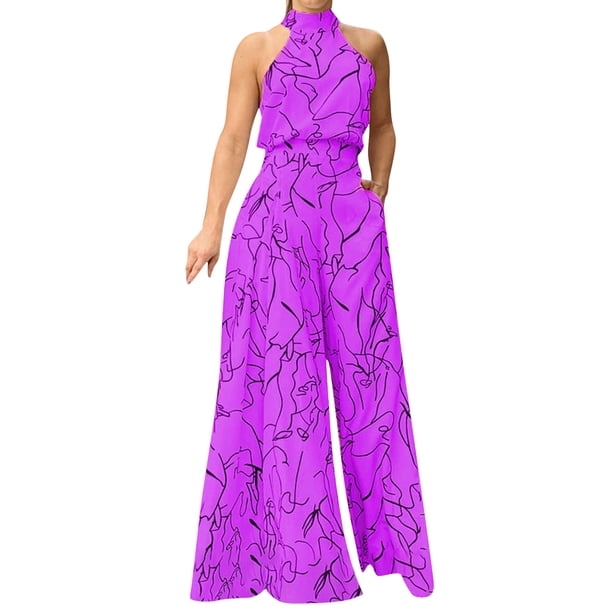 Gibobby pantalones siameses color liso Mono de mujer con estampado informal, mono de mujer, mono de bolsillo largo, correa suelta(Morado, XL)