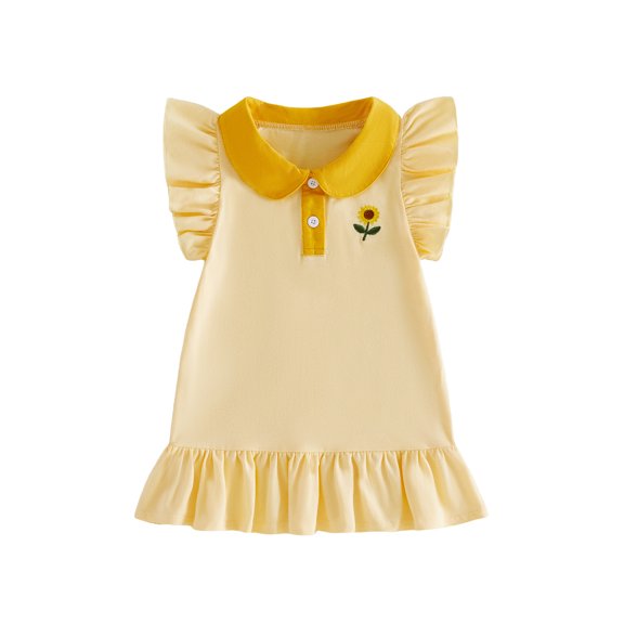 BemeyourBBs Toddler Baby Girls Summer Ruffled Dress 12 18 24 Months 2 3 4 5 Years Avocado Sunflower Tulip Strawberry Embroidered Buttons Fly Sleeve Casual Dress