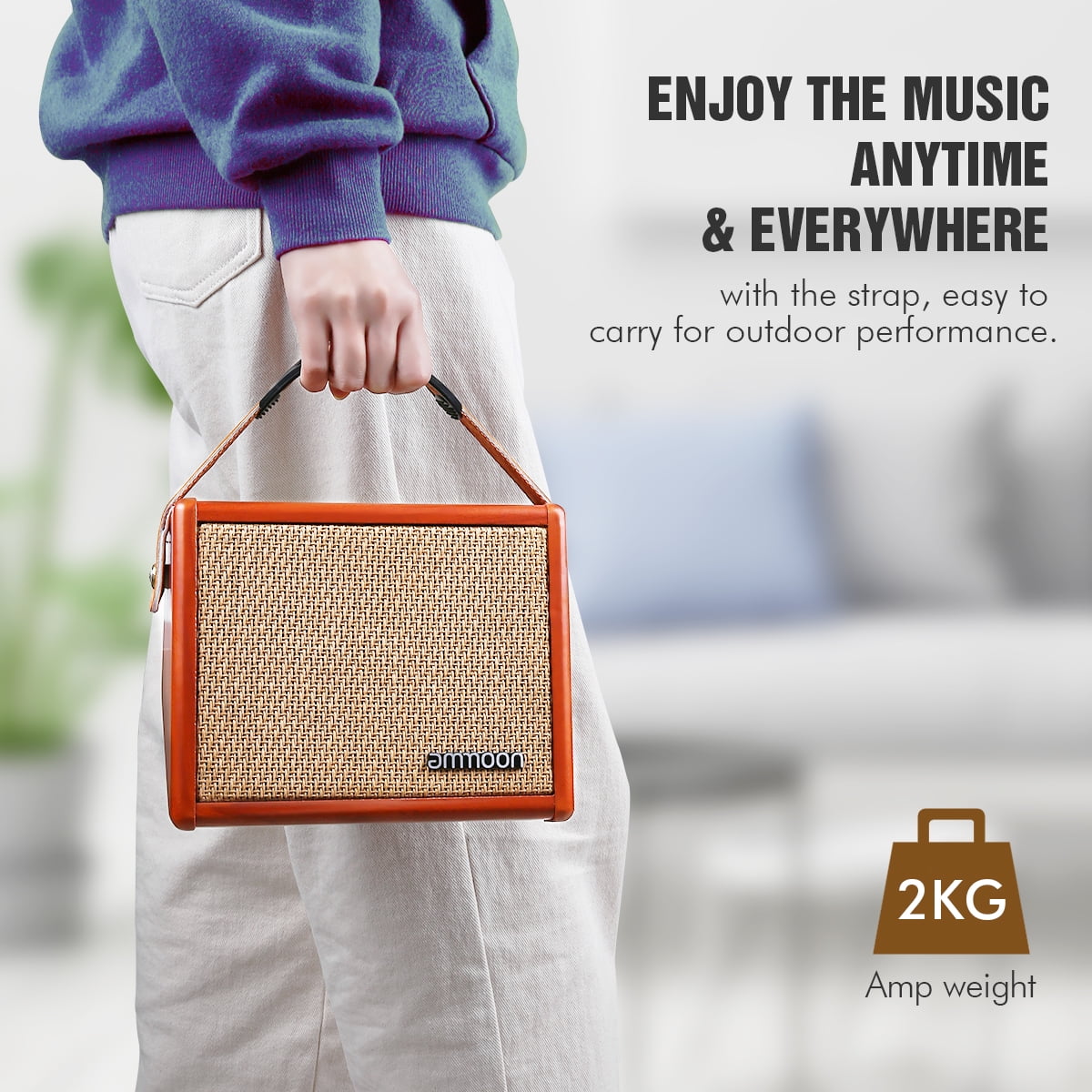 ammoon AC-15 15W Portable Acoustic Guitar Amplifier Amp BT Speaker with Microphone Input Supports Bass Treble Control Reverb Effect Built-in Rechargeable Battery