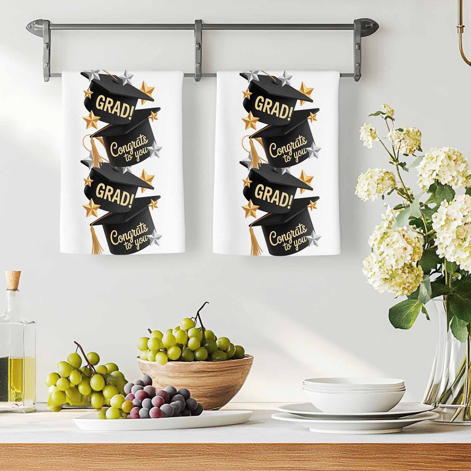 Graduate Kitchen Towels Set of 2, Funny Words Modern Art Absorbent Dish Towels for Kitchen, Microfiber Hand Towel, Quick Drying Tea Towel for Cleaning Decorative Dishcloths