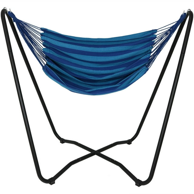 Sunnydaze Hanging Rope Hammock Chair with Space-Saving Stand - 330 lb Weight Capacity - Beach Oasis