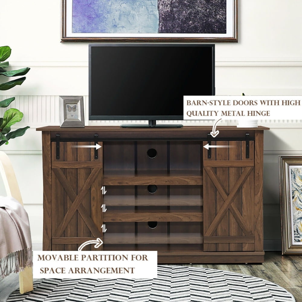 Finihen TV Stand, TV Cabinet, Sliding Barn TV Stand Console Table, Media Entertainment Center with Storage, for Living Room, Bedroom, Brown