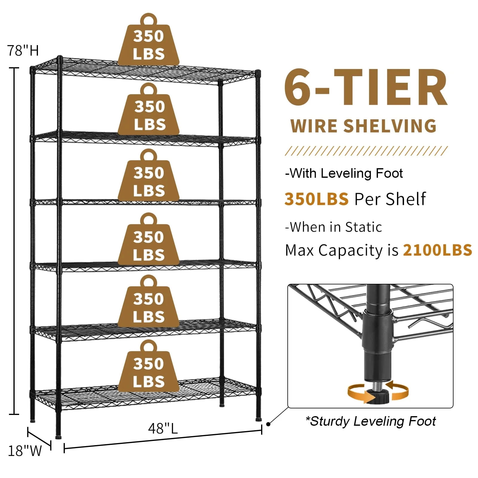 NiamVelo Black Adjustable 6-Tier Wire Shelving Unit