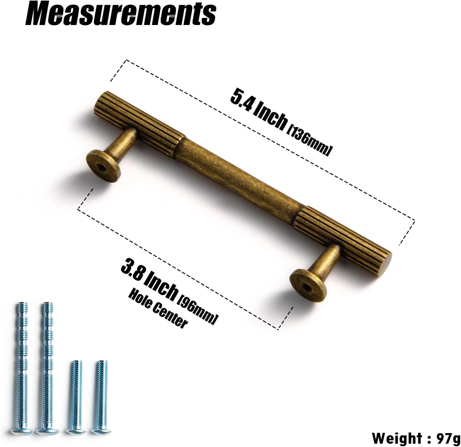 Goo-KI Antique Brass Cabinet Handles - 3.8''(96mm) Hole Center Striped Decorations Cabinet Pull Zinc Alloy Hardware for Bedroom, Kitchen, 6 Pack