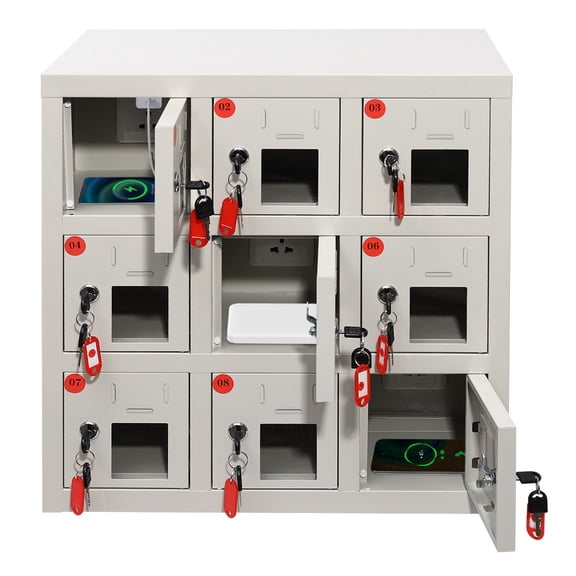 9 Compartments Cell Mobile Phone Steel Locker White Rectangle Cell Phone Locker with Charging Station