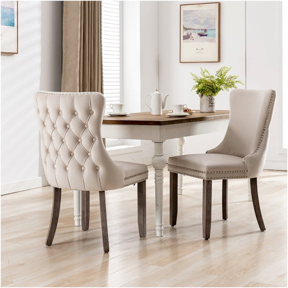 Velvet Upholstered Wingback Dining Chairs Set of 2 with Nailhead Trim and Solid Wood Legs, High Back Beige Accent Chairs for Kitchen and Dining Room