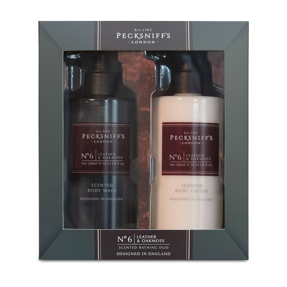 Pecksniffs Mens Bathing Duo Collection – Leather & Oakmoss Scented Body Wash and Body Lotion Gift Set, 2 x 250ml