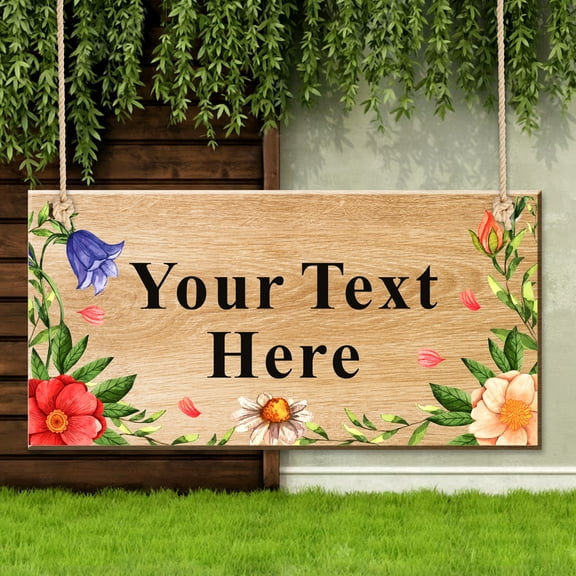 Personalized Wooden Hanging Garden Sign, UV Printed Flowers Decorative Outdoor Backyard Decor, Custom Welcome Sign Door Hanging Wall Sign Yard Sign with Your Own Text